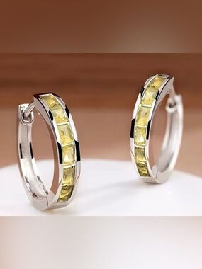 Sterling Silver Hoop Earrings with Yellow Gem Inlay - Women's Jewelry